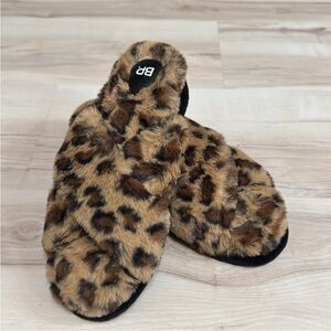 BP Leopard Print Faux Fur Crossband Slippers Cozy Lounge Slides NWOT